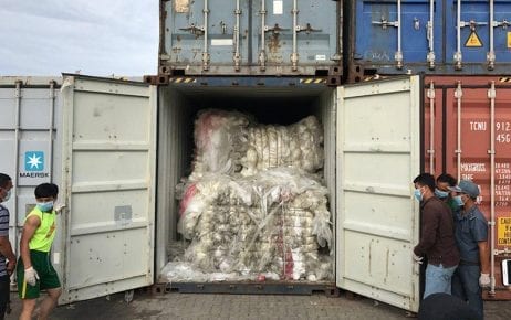 A container filled with plastic waste at the Sihanoukville Autonomous Port