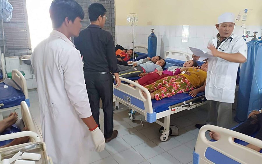 Garment workers relax in hospital after one of the notoriously dangerous trucks that they ride to work tipped over in Svay Rieng province on July 30, 2019. (Collective Union of Movement of Workers' Facebook page)