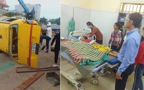Forty-three people were injured when a van struck another vehicle in Svay Rieng City on July 31; some of the injured were sent to the Svay Rieng Provincial Referral Hospital. (Collective Union of Movement of Workers’ Facebook page)