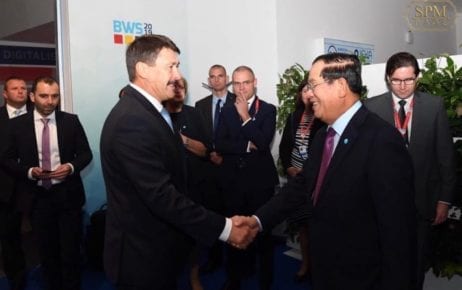 Hungarian President Janos Ader and Prime Minister Hun Sen shake hands during a state visit to Hungary on October 15, 2019, in a photo posted to Hun Sen’s Facebook page.
