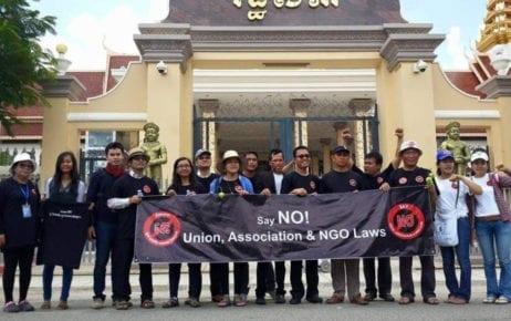 Civil society organization members gather in front of the National Assembly to submit a petition demanding it drop the NGO law in 2015, in a photo posted to the Facebook page of Sar Mory, vice president of the Cambodian Youth Network.