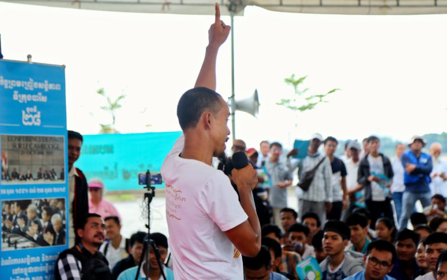 Cam-ASEAN Youth Future founder Srun Srorn speaks at Freedom Park in Phnom Penh for Paris Peace Agreements Day on October 23, 2019. (Mech Choulay)