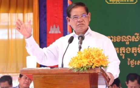 Interior Minister Sar Kheng speaks in Prey Veng province on July 13, 2019, in a photo posted to Kheng’s Facebook page.