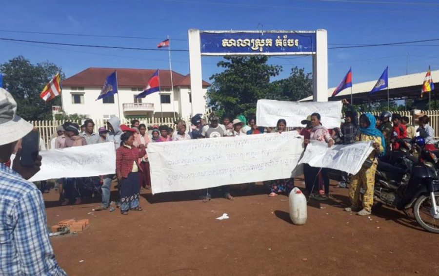 People protest in front of the Dambe district hall in Tbong Khmum province on October 18, 2019. (Supplied)