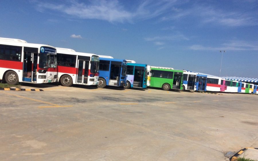 Out-of-service buses at the Phnom Penh Autonomous Bus Transportation Authority headquarters in Chroy Changvar district on October 22, 2019. (Chhorn Sopheap)