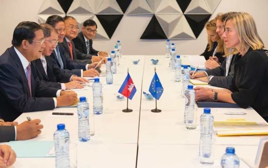 Prime Minister Hun Sen meets with Federica Mogherini, then-high representative of the EU for foreign affairs and security policy and vice president of the European Commission, in Brussels on October 18, 2018. (European External Action Service)