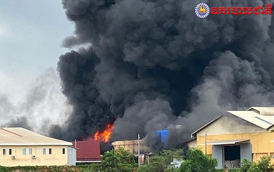 A factory fire burns in Phnom Penh's Prey Sar commune on November 11, 2019. (National Police)