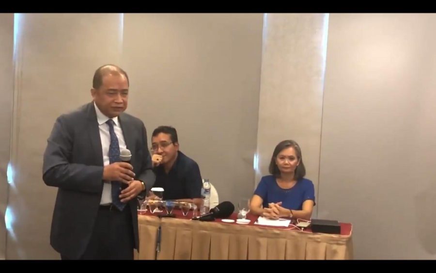Cambodian ambassador Hor Nambora speaks at a press conference in Jakarta on November 6, 2019 as CNRP vice president Mu Sochua looks on, in a video posted online by Amanda Hodge, a correspondent for The Australian.