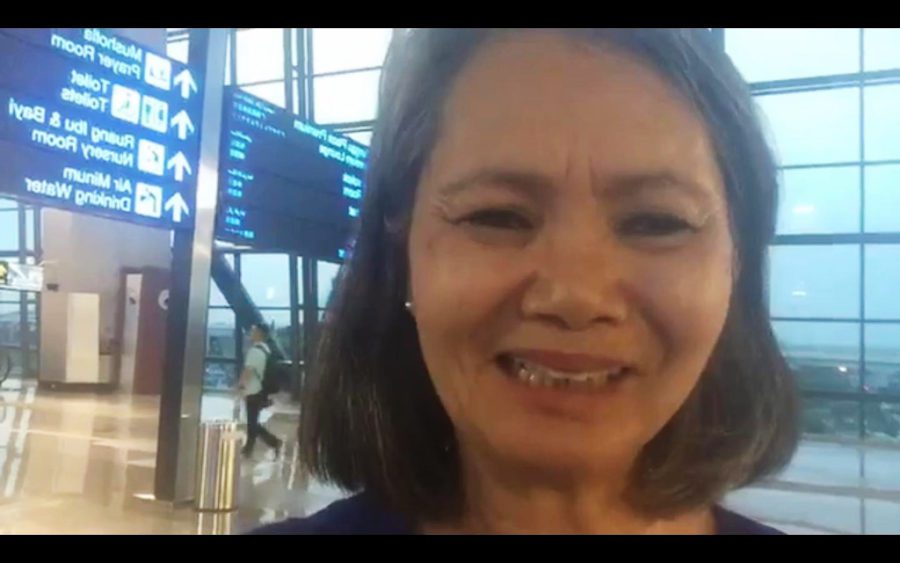 CNRP vice president Mu Sochua, in a video from Jakarta’s airport on November 6, 2019 that was streamed live on her Facebook page.