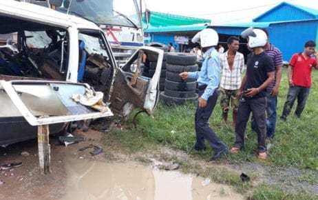 A traffic accident involving a truck and a van along Road 41 in Kampong Speu province's Baset district on June 11, 2019 is seen in this photograph posted to the Kampong Speu Provincial Police Headquarters' Facebook page.