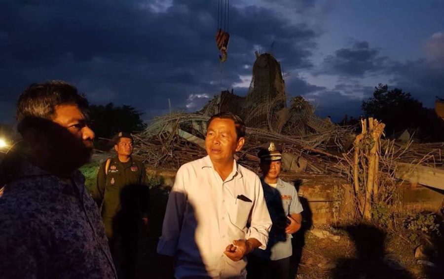 Officials visit the site of a collapsed pagoda building on December 2, 2019, in this photograph posted to the Siem Reap Provincial Hall's Facebook page.