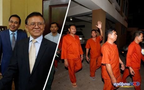 Kem Sokha greets reporters outside his home on November 11, 2019; CNRP activists are escorted outside the Phnom Penh Municipal Court on November 14, 2019. (Panha Chhorpoan/VOD)
