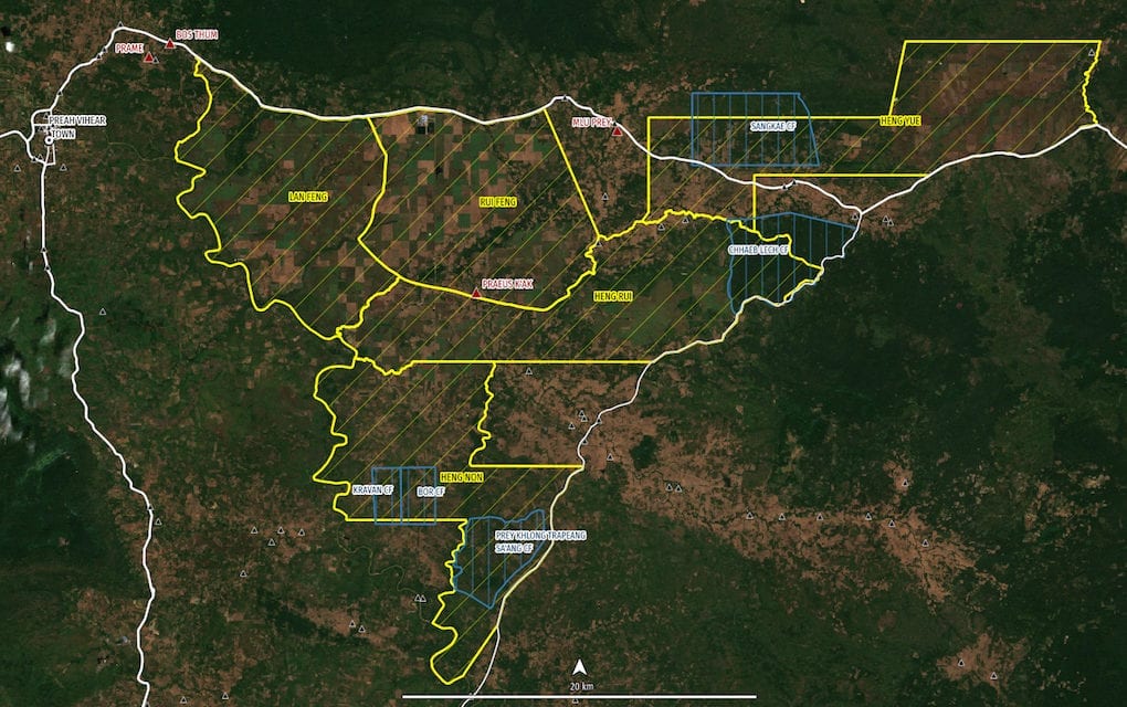 A map of Preah Vihear province with economic land concessions in yellow and community forests in blue (Licadho)