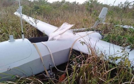 A fixed-wing drone discovered in Koh Kong province on January 16, 2020, in this photograph posted to Information Minister Khieu Kanharith’s Facebook page.