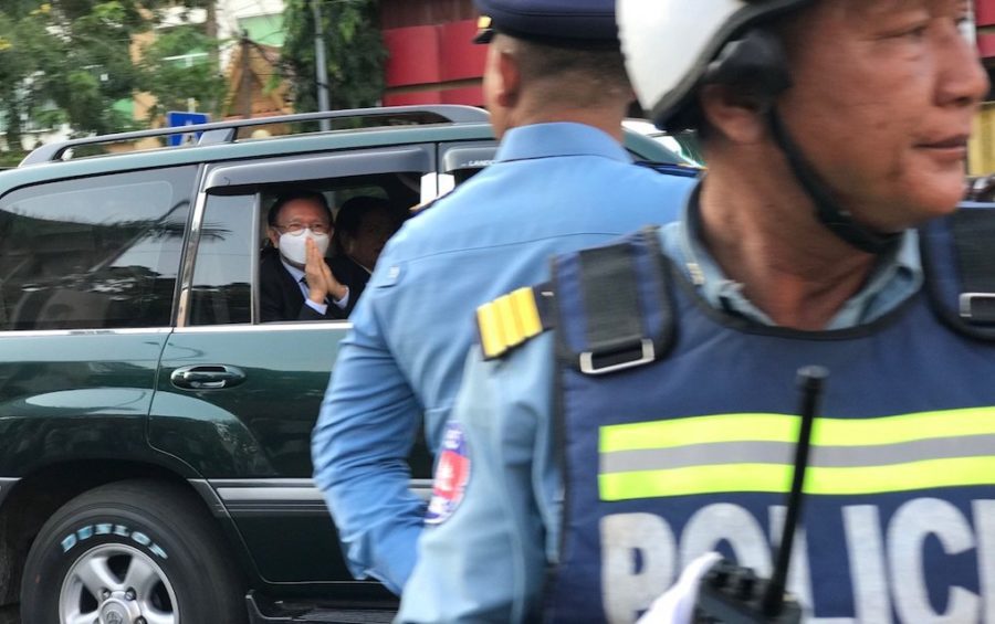 Opposition leader Kem Sokha leaves the Phnom Penh Municipal Court in his vehicle on February 12, 2020. (Ouch Sony/VOD)
