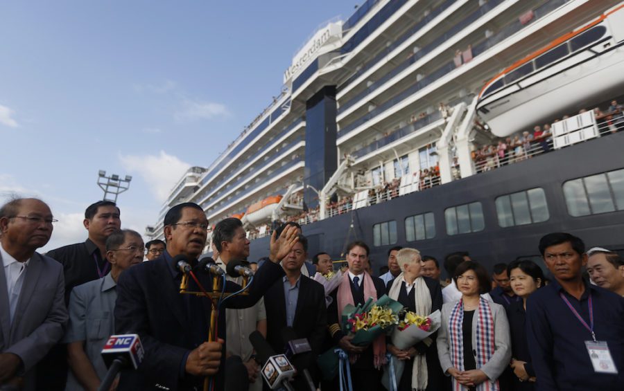 Prime Minister Hun Sen gives a speech on February 14, 2020, at the Sihanoukville port, where the Holland America Line's Westerdam cruise ship was docked. (Panha Chorpoan/VOD)