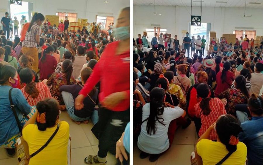 Workers at Canteran Apparel (Cambodia) Co. Ltd. protest over unpaid wages at the Phnom Penh factory on March 25, 2020. (Supplied)