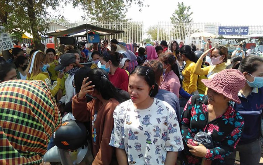 Workers at a shoe factory in Kampong Speu’s Samraong Tong district protest over their suspension without compensation on March 26, 2020. (Supplied)