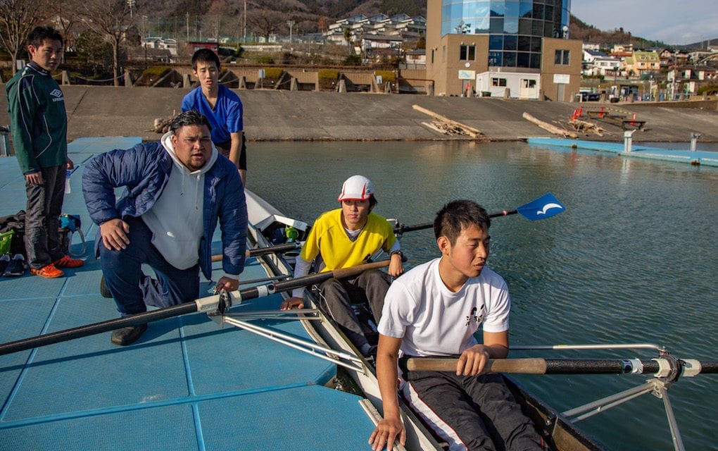 Kenji Kuraki (second from left) with his rowing team on Lake Sagami, Japan on February 8, 2020. (Kantaro Suzuki)