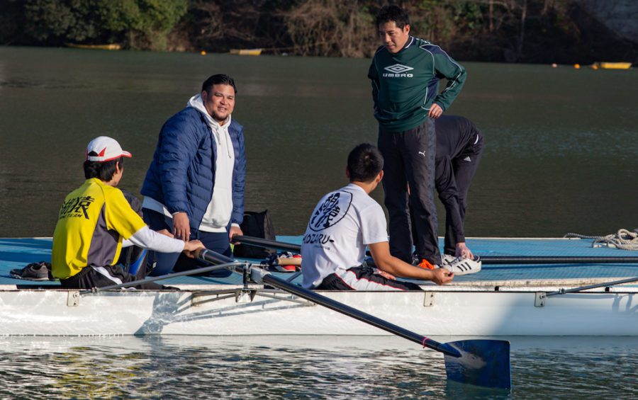 Kenji Kuraki (second from left) with his rowing team on Lake Sagami, Japan on February 8, 2020. (Kantaro Suzuki)