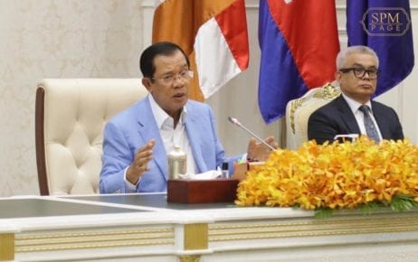 Prime Minister Hun Sen discusses the nation’s response to Covid-19 at the Peace Palace in Phnom Penh, in a photograph posted to his Facebook page on April 7, 2020.