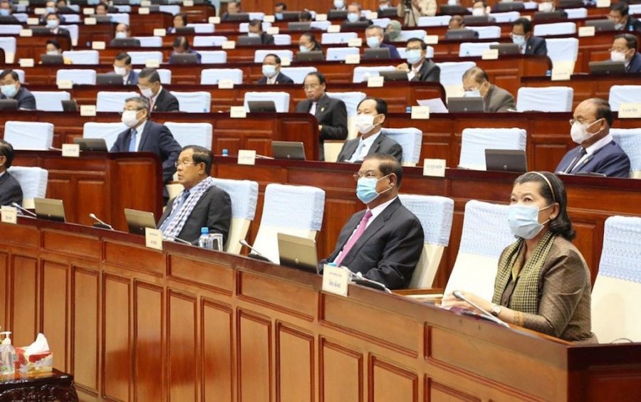 Prime Minister Hun Sen (front left) and Deputy Prime Ministers Sar Kheng (front center) and Men Sam An (front right) at the National Assembly on April 10, 2020, in this photograph posted to National Assembly President Heng Samrin's Facebook page.