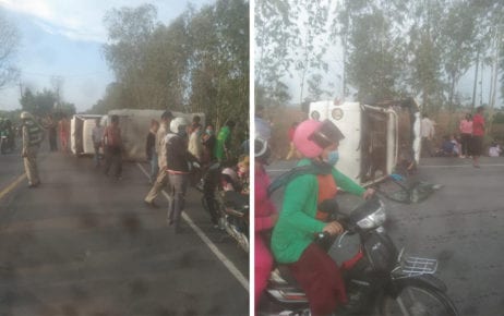 The scene of a truck crash in which 33 garment workers were injured in Takeo province’s Traing district on April 15, 2020, in this photograph posted to the Vanna News Takeo Facebook page.