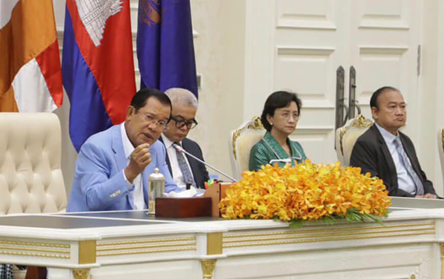 Prime Minister Hun Sen speaks about Covid-19 at a press conference at the Peace Palace, in this photograph posted to his Facebook page on April 7, 2020.