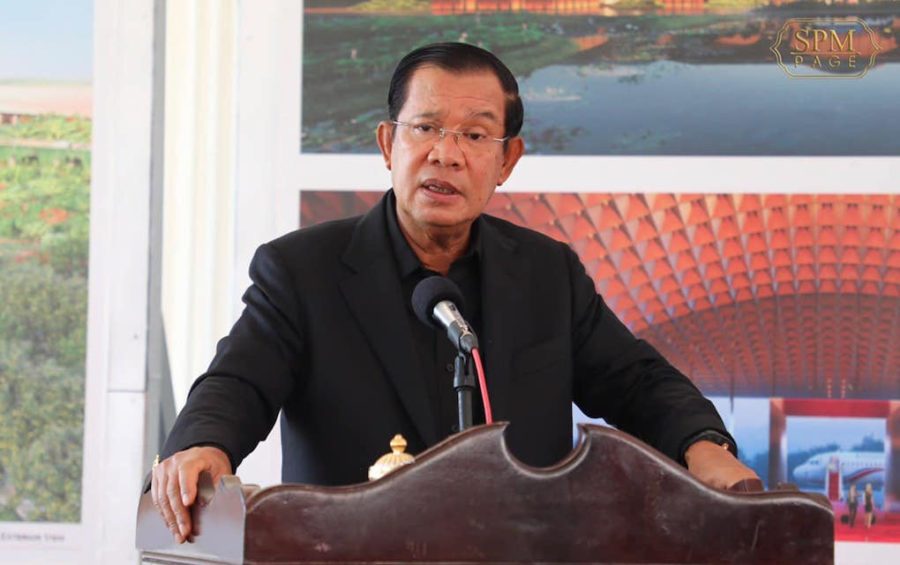 Prime Minister Hun Sen speaks at the site of a planned airport in Kandal province on June 22, 2020, in this photograph posted to his Facebook page.