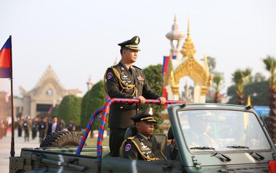 Hun Manet participates in the 20th anniversary commemoration of the creation of the Royal Cambodian Armed Forces’ military headquarters in Phnom Penh, in this photograph posted to Prime Minister Hun Sen’s Facebook page.