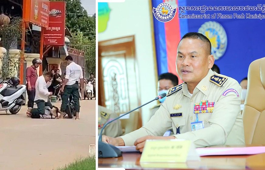 A plainclothes police officer kneels on top of a man accused of buying drugs on June 29, 2020, in a screenshot of a video that was widely shared online (left). Phnom Penh Municipal Police Chief Sar Thet (right) (Phnom Penh Municipal Police)