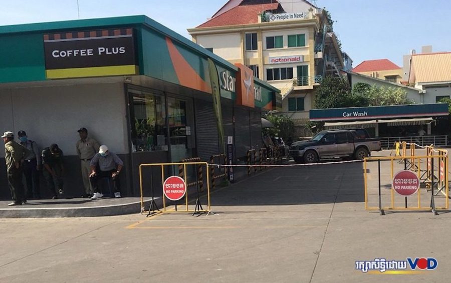 The Caltex gas station in Phnom Penh where political analyst Kem Ley was shot dead in 2016 is closed on the morning of July 10, 2020, the fourth anniversary of the murder, with authorities monitoring the area. (Khan Leakena/VOD)