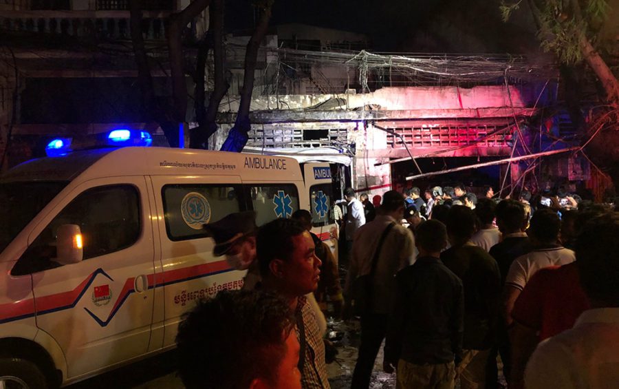 An ambulance waits at the site of an explosion in central Phnom Penh on July 18, 2020 (Matt Surrusco/VOD)