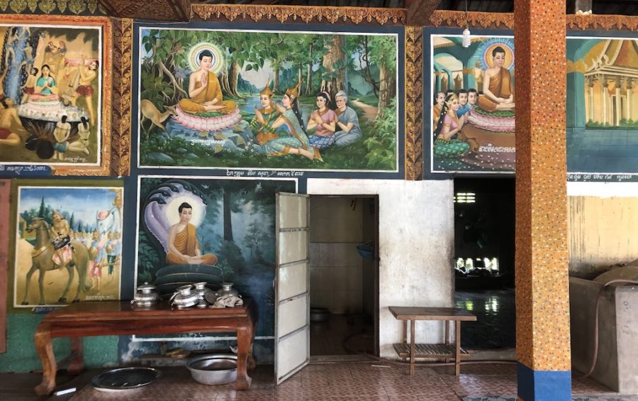 A painting (top center) funded by Kem Sokha inside the meeting hall at Wat Pothivong in Prey Veng province’s Svay Antor commune on September 1, 2020, three days after Sokha visited the pagoda. (Matt Surrusco/VOD)