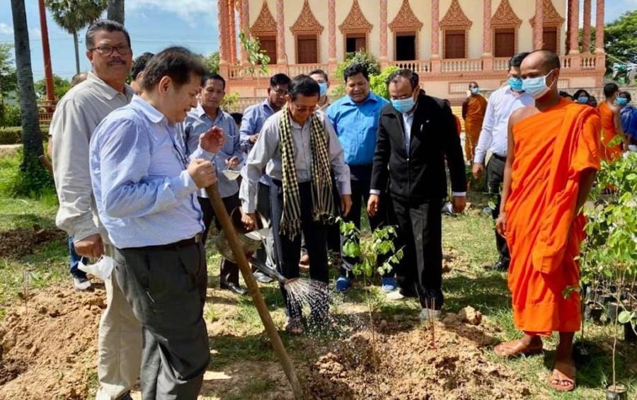 Kem Sokha waters a newly planted tree at Wat Pothivong in Prey Veng province’s Svay Antor commune on August 29, 2020, in this photograph posted to his attorney Chan Chen's Facebook page.