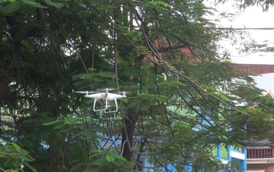 A drone with a camera belonging to Phnom Penh City Hall seen flying over a protest near the German Embassy in Phnom Penh on September 1, 2020. (Chorn Chanren/VOD)