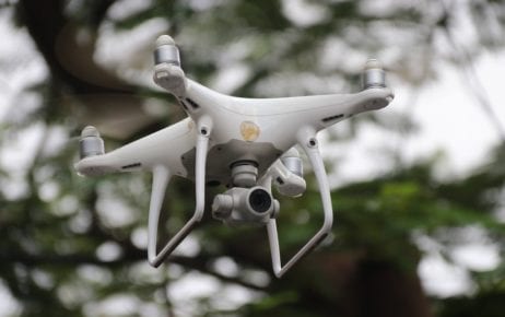 A drone with a camera belonging to Phnom Penh City Hall seen flying over a protest near the German Embassy in Phnom Penh on September 1, 2020. (Juliette Buchez)