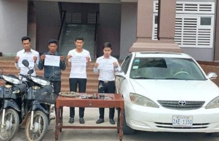 Kampong Chhnang provincial military police investigate Akchalnak Trop LOD after four leasing company officers attempted to repossess a motorbike, in a photo posted to the provincial military police Facebook page on September 30, 2020.