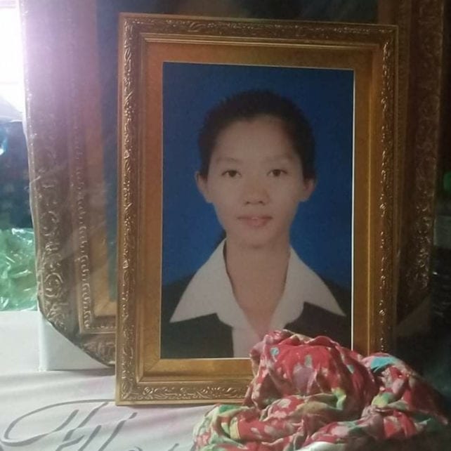 A framed photo of Suos Samphors at her funeral in October 2020. (Supplied)