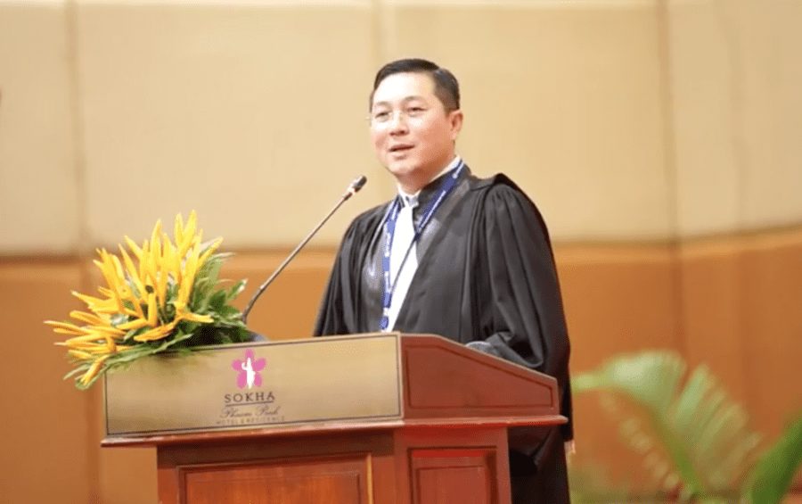 Bar Association president Ly Chantola gives a speech upon his election to the post on October 16, 2020, in this screenshot of a video posted to the association’s Facebook page.