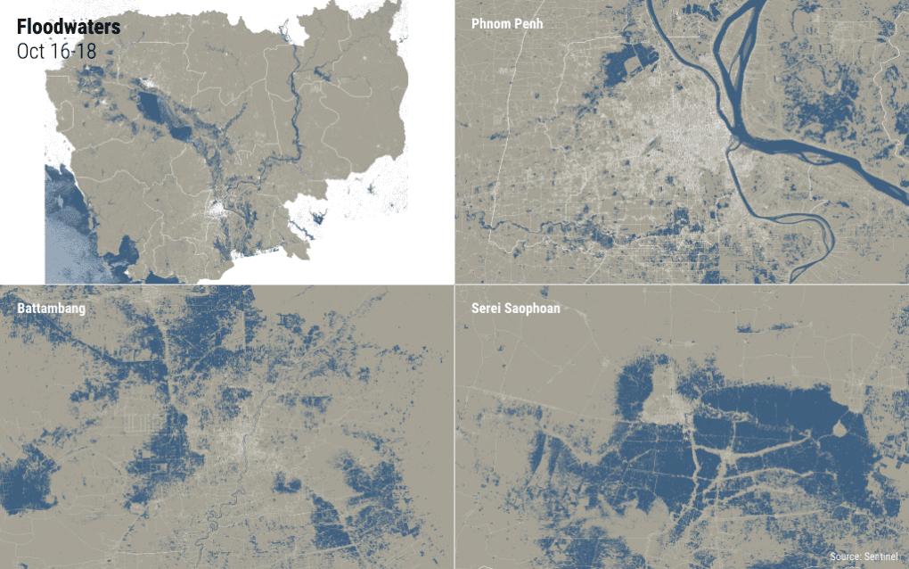 Data from the European satellite Sentinel-1 show flooding in Cambodia, Phnom Penh, Serei Saophoan City and Battambang City from October 16, 2020 through October 18, 2020, with blue areas representing water. (Michael Dickison/VOD)