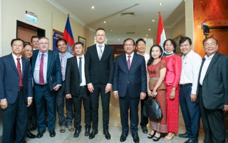 Hungarian Foreign Minister Peter Szijjarto (center) meets with Cambodian Foreign Minister Prak Sokhonn and others on November 3, 2020, in this photograph posted to the Foreign Ministry's Facebook page.