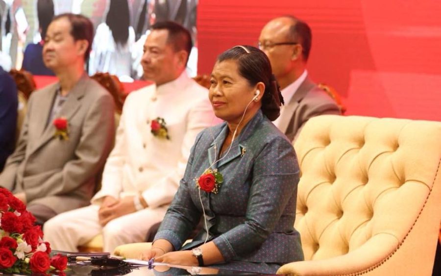 Deputy Prime Minister Men Sam An (front) with former Macau crime boss Wan Kuok Koi (in white) and Cambodian military police chief Sao Sokha (wearing glasses) at a World Hongmen History and Culture Association event in Cambodia in May 2018 (Men Sam An's Facebook page).