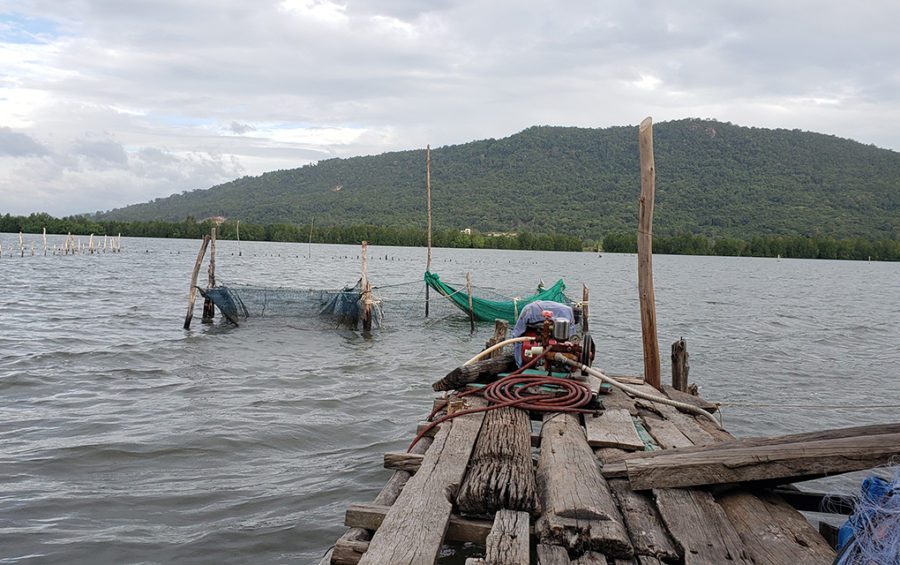 The view of a mountain and lake from the floating house of Muoy Sai, 65, a resident of Phum Ong Krao in Preah Sihanouk province's Prey Nob district on December 1, 2020. (Danielle Keeton-Olsen/VOD)