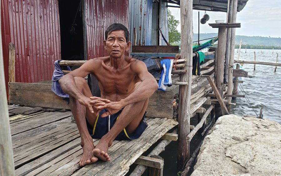 Muoy Sai, 65, a fisherman who lives in a stilted house on Boeng Thom Angkep in Preah Sihanouk province, on December 1, 2020. (Danielle Keeton-Olsen/VOD)