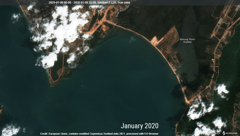 Satellite images from Sentinel-2 L2A show the extent of coastal reclamation in Preah Sihanouk province's Ream Bay for a project by Canopy Sands Development between January 2020 and January 2021. (Danielle Keeton-Olsen/VOD)