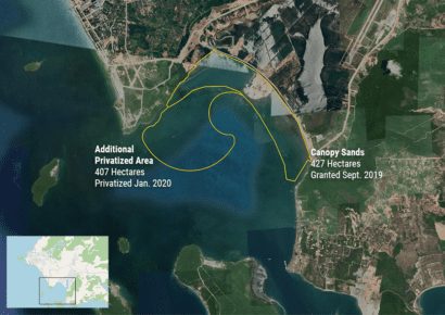 A map showing more than 800 hectares of sea off the coast of Preah Sihanouk province's Prey Nob district privatized in 2019 and 2020 for Canopy Sands Development and unspecified purposes. (Danielle Keeton-Olsen/VOD)