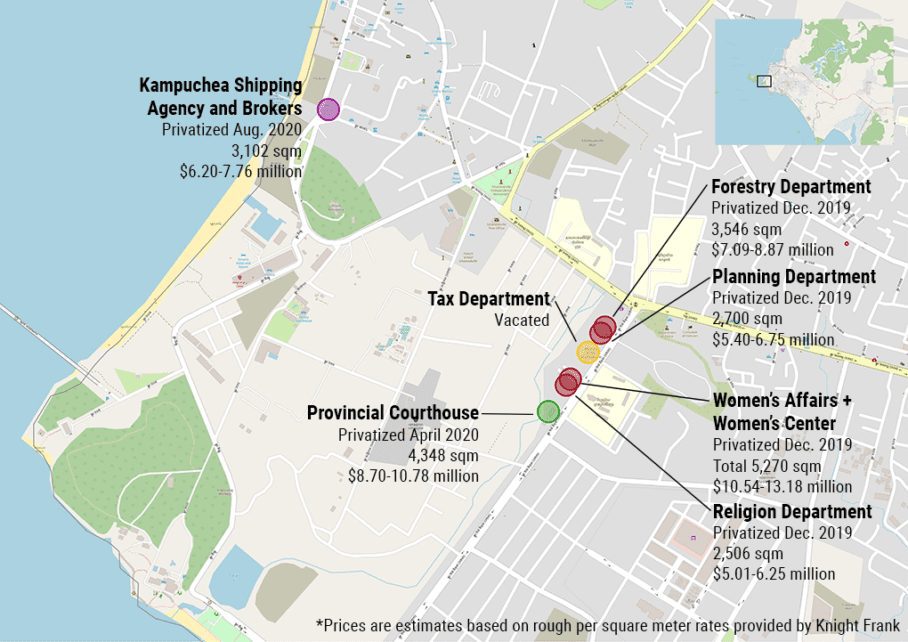 A map of Preah Sihanouk provincial government buildings that were privatized via sub decree in 2019 and 2020, with rough estimates of the early 2021 value. (Danielle Keeton-Olsen/VOD)