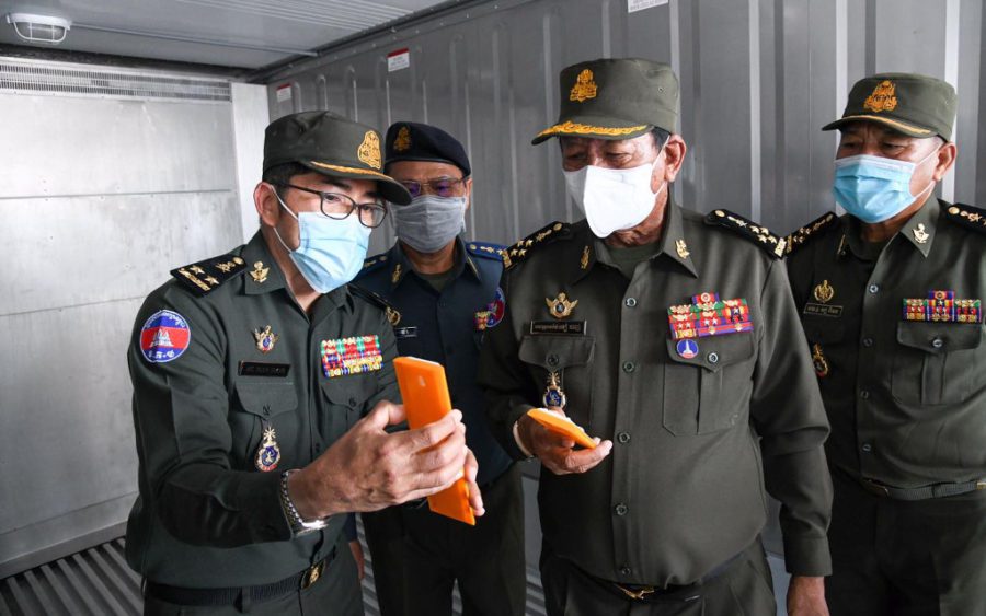 Defense Minister Tea Banh inspects Covid-19 vaccine storage facilities on February 1, 2021, in a photo posted to his Facebook page on February 5, 2021.