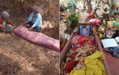 The wrapped body of Kvim Mok, 31 years old and pregnant at the time of her death, lies in Ratanakiri province in February 2021. (Supplied)